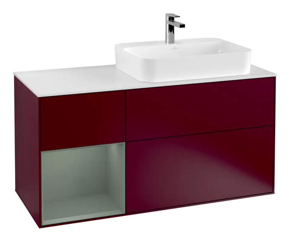 Villeroy & Boch Finion Waschbeckenunterschrank für Aufsatzwaschbecken rechts Regal links für Finion / Memento 2.0 3 Auszüge mit Beleuchtung (3x LED) 1200 x 603 x 501 mm - Peony Matt Lacquer / Olive Matt Lacquer / Glass White Matt Mega-Angebot