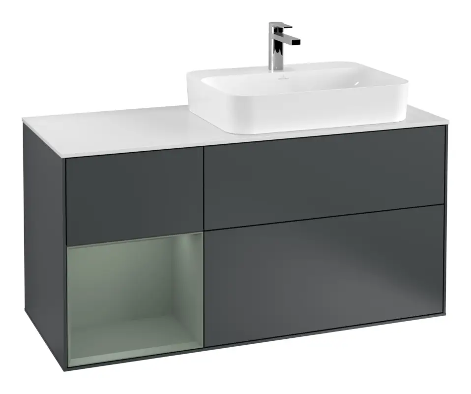 Mega-Angebot Villeroy & Boch Finion Waschbeckenunterschrank für Aufsatzwaschbecken rechts Regal links für Finion / Memento 2.0 3 Auszüge mit Beleuchtung (3x LED) 1200 x 603 x 501 mm - Midnight Blue Matt Lacquer / Olive Matt Lacquer / Glass White Matt
