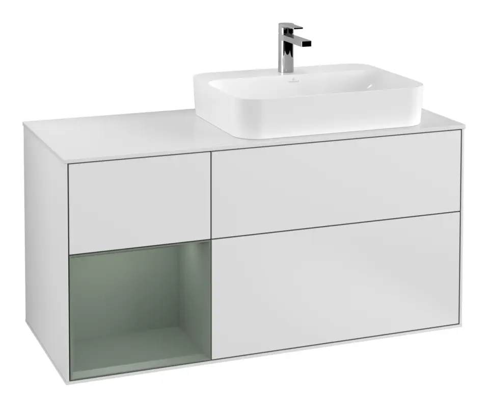 Online Kaufen Villeroy & Boch Finion Waschbeckenunterschrank für Aufsatzwaschbecken rechts Regal links für Finion / Memento 2.0 3 Auszüge mit Beleuchtung (3x LED) 1200 x 603 x 501 mm - White Matt Lacquer / Olive Matt Lacquer / Glass White Matt
