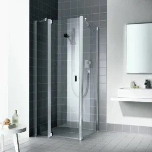 Zertifiziert Kermi Raya Pendeltür 1-flügelig mit Festfeld für Nische oder Seitenwand Milchglas SR Opaco KermiClean Silber Mattglanz 75 cm x 200 cm Anschlag links
