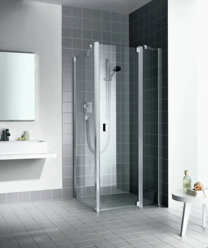 Kermi Raya Pendeltür 1-flügelig mit Festfeld für Nische oder Seitenwand Milchglas SR Opaco KermiClean Silber Hochglanz 78 cm x 200 cm Anschlag rechts Jetzt Bestellen