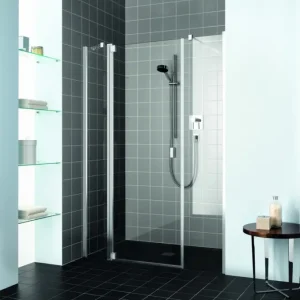 Aktuell Kermi Raya Pendeltür 1-flügelig 2 Festfelder für Nische oder Seitenwand Milchglas SR Opaco Silber Mattglanz 100 cm x 200 cm Anschlag links