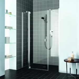 Angebot Kermi Raya Pendeltür 1-flügelig 2 Festfelder für Nische oder Seitenwand Milchglas SR Opaco KermiClean Silber Mattglanz 103 cm x 200 cm Anschlag links