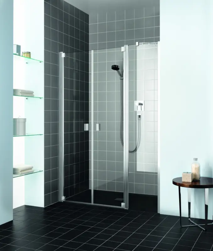 Kermi Raya Pendeltür 2-flügelig mit Festfeld für Nische oder Seitenwand Klarglas hell Silber Hochglanz 120 cm x 200 cm Anschlag links Markenprodukt