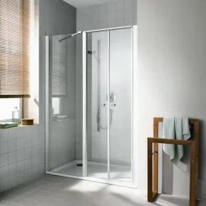 Zertifiziert Kermi Ibiza 2000 Pendeltür 2-teilig mit Festfeld für Nische oder Seitenwand Milchglas SR Opaco Silber Mattglanz 160 cm x 175 cm Anschlag links Montage auf Duschwanne oder bodengleich