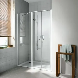 Abverkauf Kermi Ibiza 2000 Pendeltür 2-teilig mit Festfeld für Nische oder Seitenwand Milchglas SR Opaco Silber Mattglanz 170 cm x 175 cm Anschlag links Montage auf Duschwanne oder bodengleich