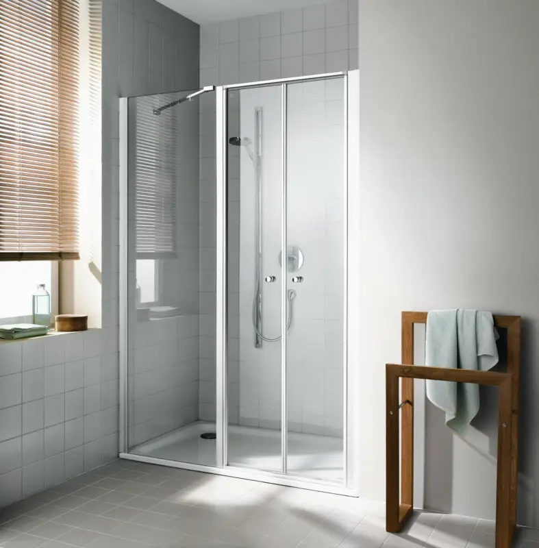 Kermi Ibiza 2000 Pendeltür 2-teilig mit Festfeld für Nische oder Seitenwand Milchglas SR Opaco KermiClean Weiß 160 cm x 200 cm Anschlag links Montage auf Duschwanne oder bodengleich Super-Preis