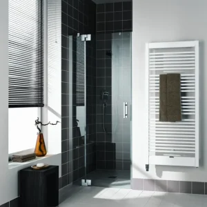 Zertifiziert Kermi Filia XP Pendeltür 1-flügelig mit Festfeld für Nische Milchglas SR Opaco Silber Hochglanz 140 cm x 200 cm Anschlag links Montage auf Duschwanne oder bodengleich