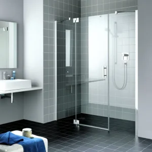 Angebot Kermi Filia XP Pendeltür 1-flügelig mit 2 Festfeldern Klarglas hell KermiClean Silber Hochglanz 180 cm x 185 cm Anschlag links Montage auf Duschwanne