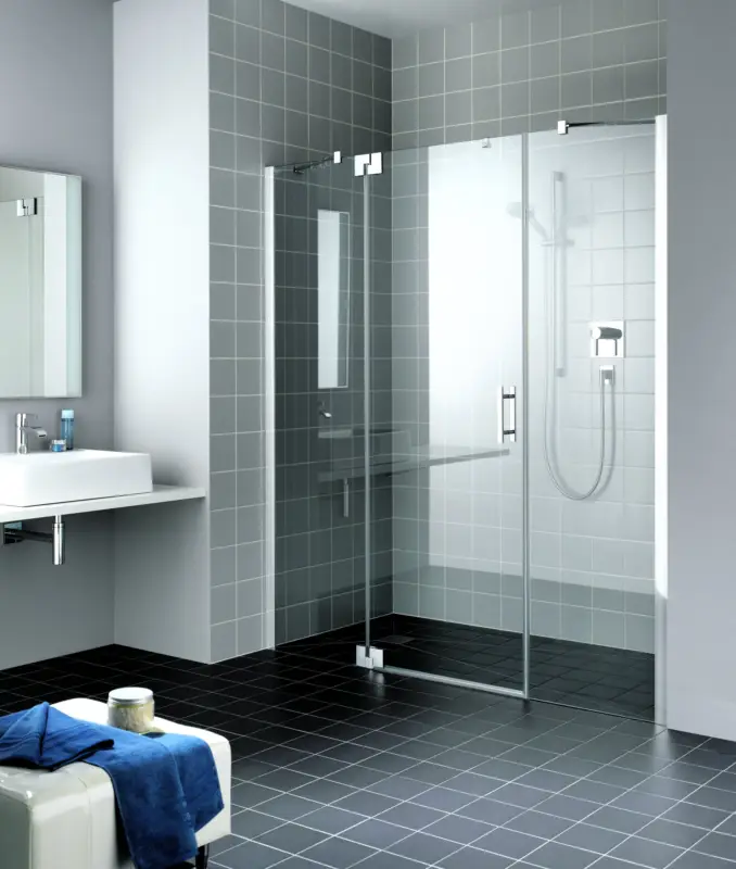 Heißes Angebot Kermi Filia XP Pendeltür 1-flügelig mit 2 Festfeldern Milchglas SR Opaco Silber Hochglanz 120 cm x 185 cm Anschlag links Montage auf Duschwanne