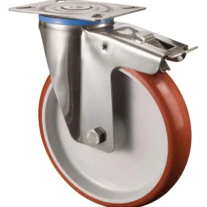 Super-Preis BS Rollen Lenkrolle mit Feststeller aus Polyuretan / Edelstahl Rad-Durchmesser 125 mm 150 Kg Tragkraft
