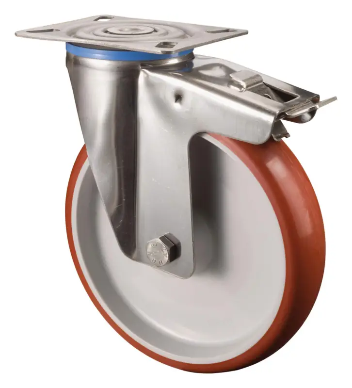 Super-Preis BS Rollen Lenkrolle mit Feststeller aus Polyuretan / Edelstahl Rad-Durchmesser 125 mm 150 Kg Tragkraft