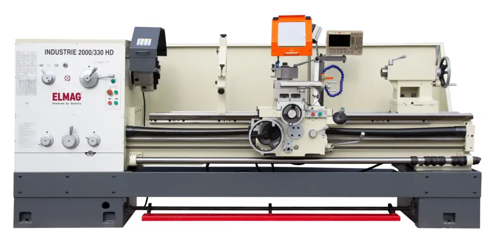 Geprüft Universal-Drehmaschine INDUSTRIE 1000/330 HD inkl. 3-Achs-Positionsanzeigeinkl. Schnellwechsel-Stahlhalter 'Set', System Multifixmit elektromagnetischer MotorbremseBetriebsbereit: inkl. Ölfüllung , entkonserviert (entfettet), komplett montiert und Probelauf durchgeführt