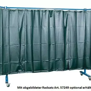 Schneller Versand Schweißerschutzwand 3-teilig, mit Folienvorhang S9, dunkelgrün, DIN EN 1598, Breite: 3,8m(Mittelteil 2,1m + 2 Schwenkarme á 0,85m), Höhe: 1,83m, Bodenfreiheit: 165 mm