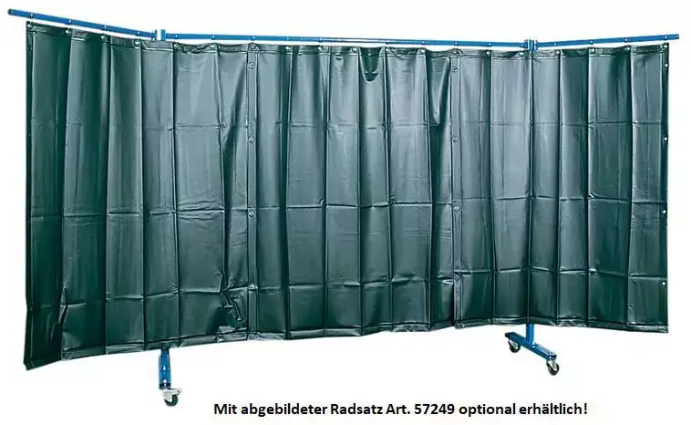 Schneller Versand Schweißerschutzwand 3-teilig, mit Folienvorhang S9, dunkelgrün, DIN EN 1598, Breite: 3,8m(Mittelteil 2,1m + 2 Schwenkarme á 0,85m), Höhe: 1,83m, Bodenfreiheit: 165 mm