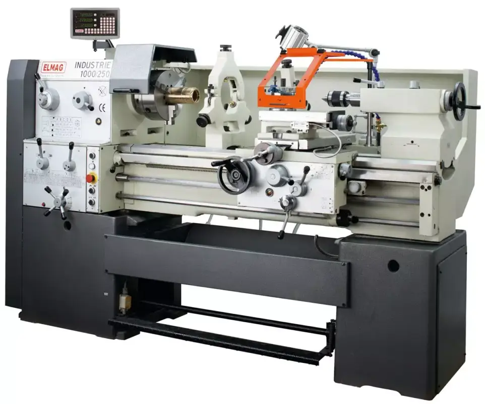 Echt Universal-Drehmaschine INDUSTRIE 1500/250 inkl. RÖHM-Drehfutterinkl. 3-Achs-Positionsanzeigeinkl. Schnellwechsel-Stahlhalter 'Set', System MultifixBetriebsbereit: inkl. Ölfüllung, entkonserviert (entfettet), komplett montiert und Probelauf durchgeführt